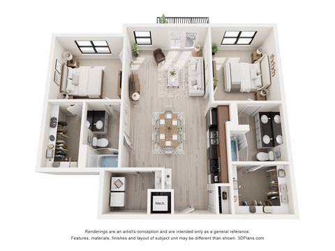A 3D floor plan of a house with a kitchen, living room, and two bedrooms.